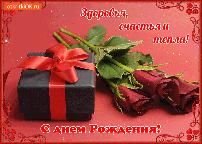 С Днем Рождения. Картинка С Тремя Крупными Розами И Подарком С Тёплыми Пожеланиями